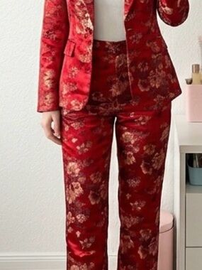 Soho Red and Gold Floral Straight-Leg Pants